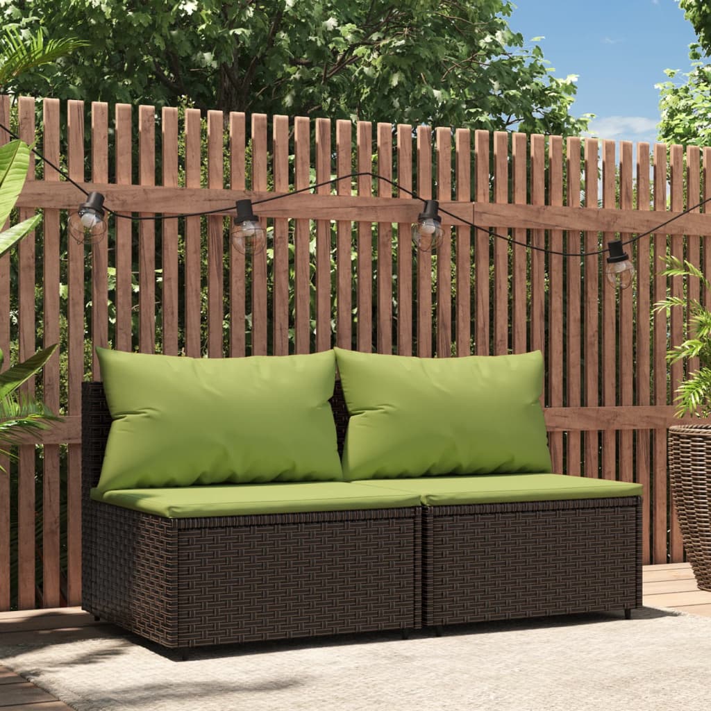 Patio Middle Sofas with Cushions 2 pcs Brown Poly Rattan