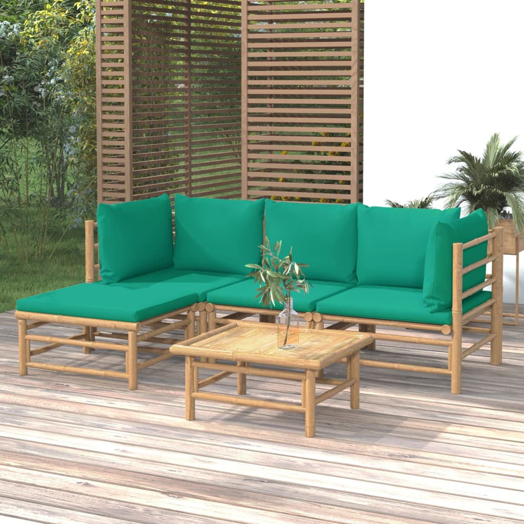 5 Piece Patio Lounge Set with Green Cushions Bamboo