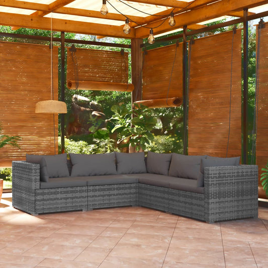 5 Piece Patio Lounge Set with Cushions Poly Rattan Gray