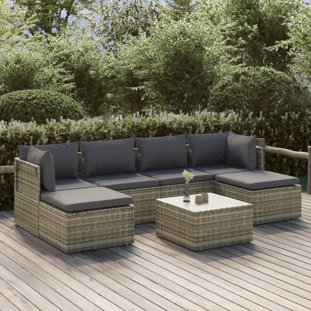 7 Piece Patio Lounge Set with Cushions Gray Poly Rattan