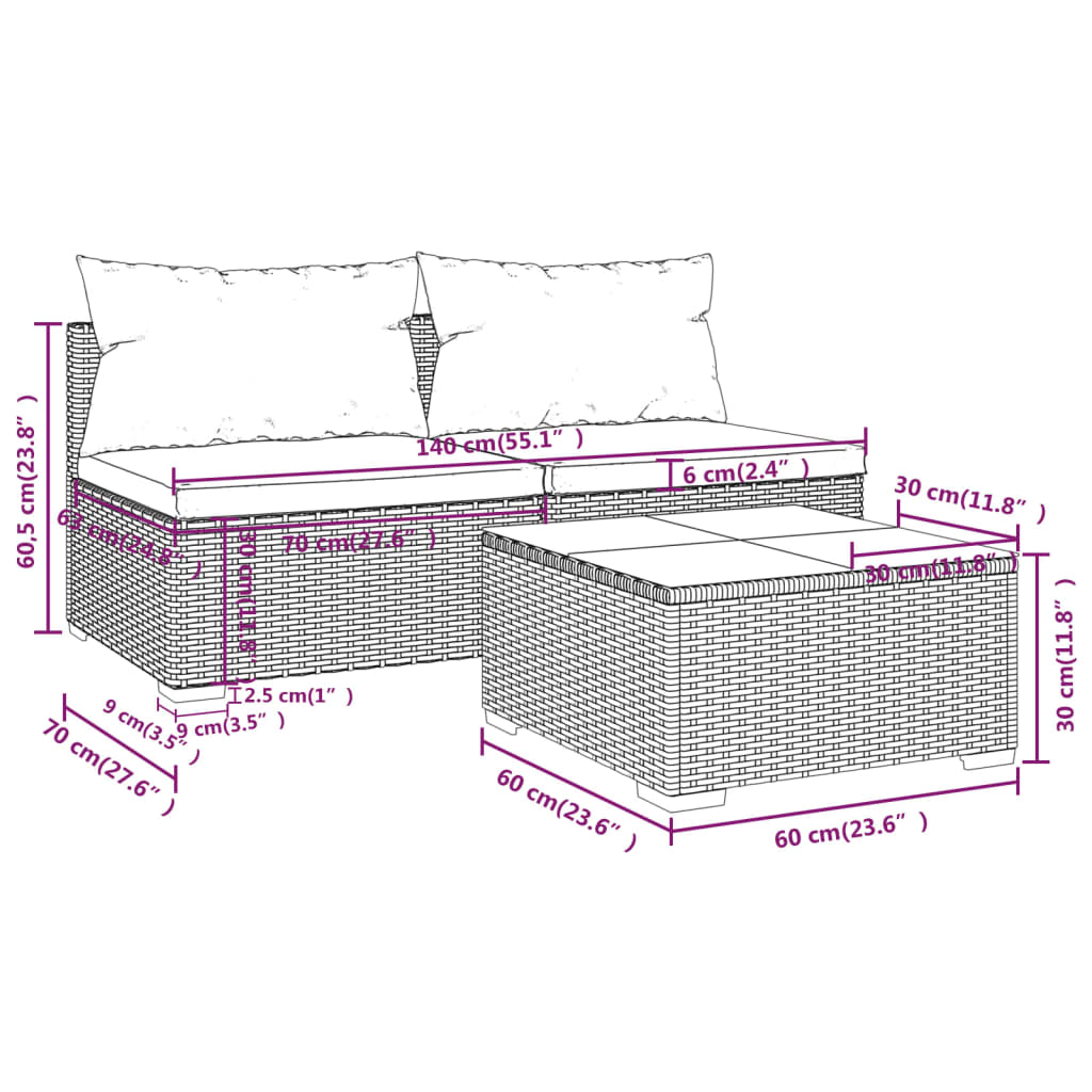 Patio Furniture Set 3 Piece with Cushions Poly Rattan Brown