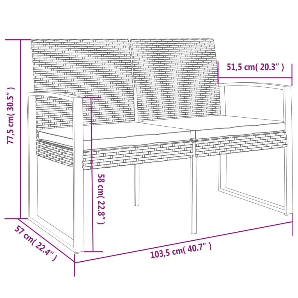 2-Seater Patio Bench with Cushions Brown PP Rattan