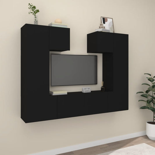 6 Piece TV Stand Set Black Engineered Wood