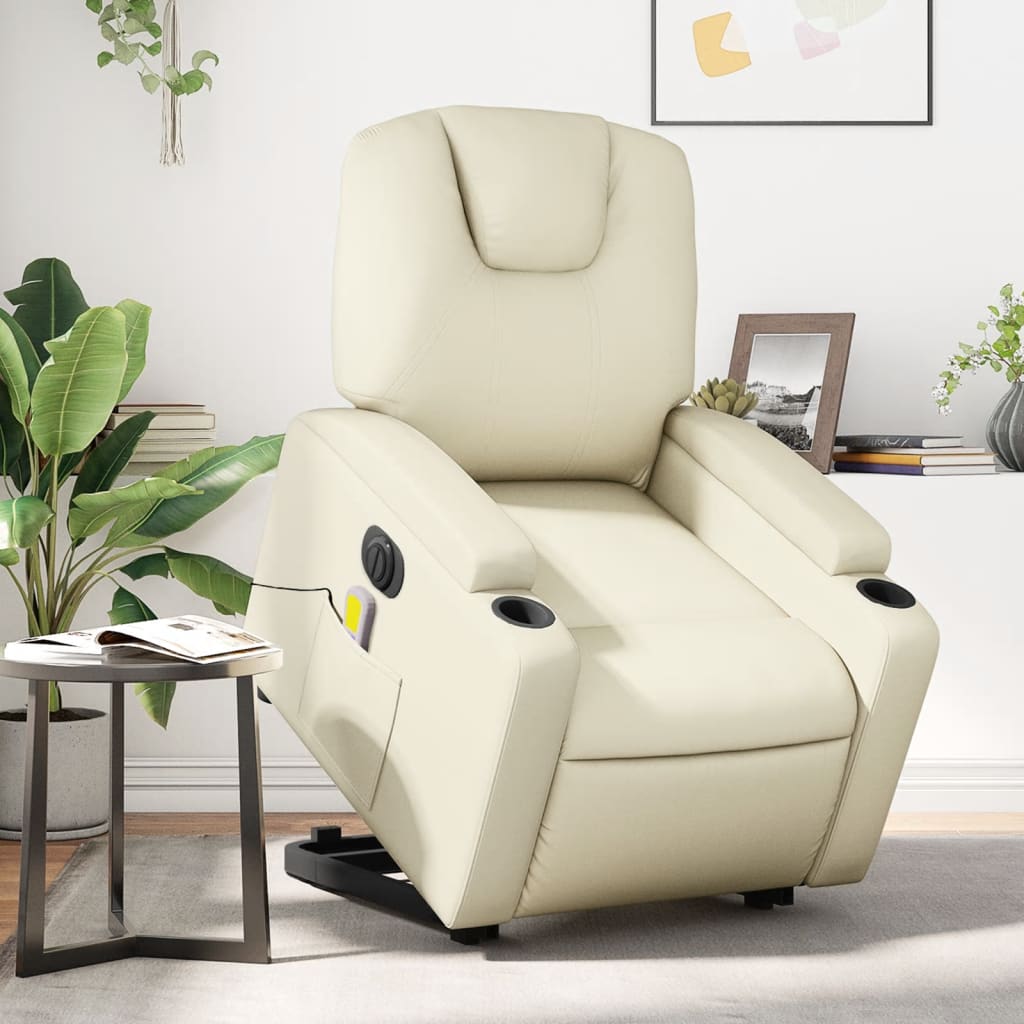 Electric Stand up Massage Recliner Chair Cream Faux Leather