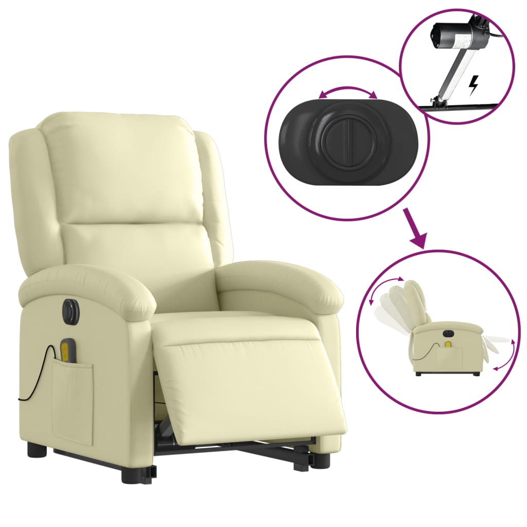 Electric Stand up Massage Recliner Chair Cream Real Leather