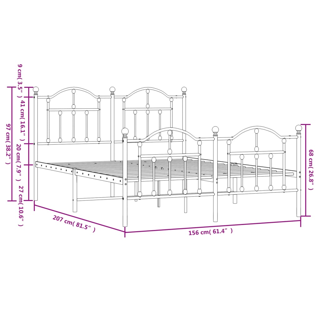 Metal Bed Frame without Mattress with Footboard White 59.1"x78.7"