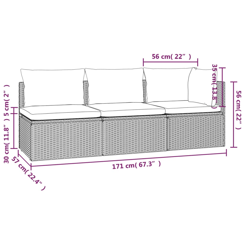 3 Piece Patio Lounge Set with Cushions Gray Poly Rattan