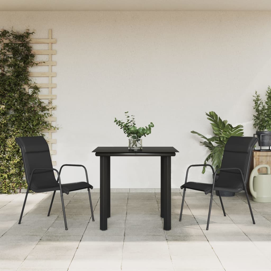 3 Piece Patio Dining Set Black Steel and Textilene