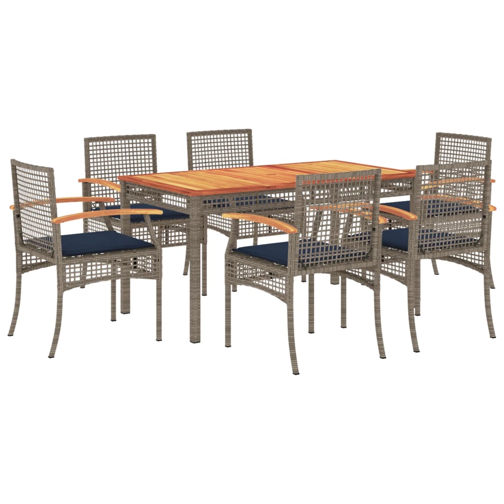 7 Piece Patio Dining Set with Cushions Gray Poly Rattan