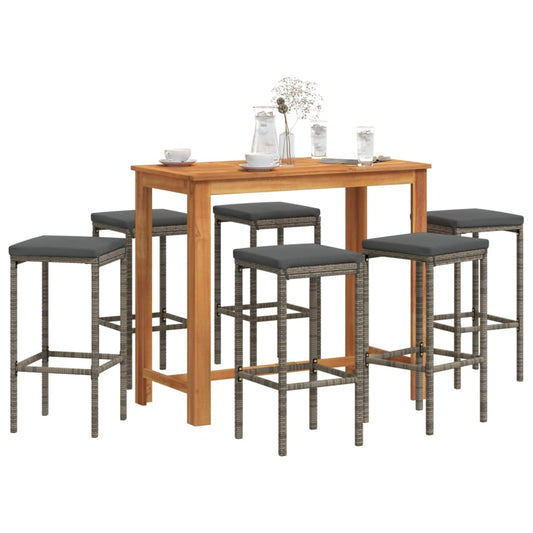 7 Piece Patio Bar Set Gray Solid Wood Acacia and Poly Rattan