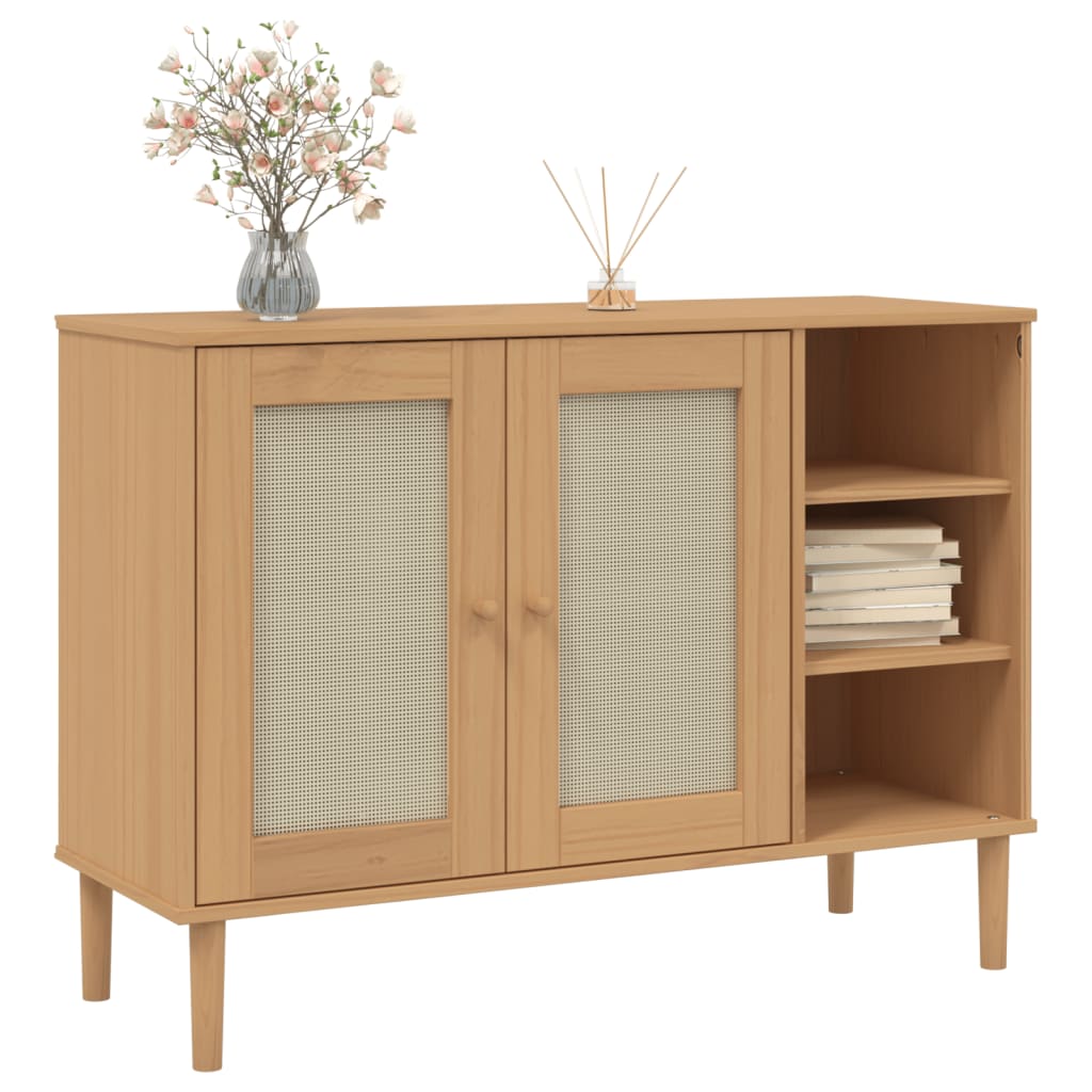 Sideboard SENJA Rattan Look Brown 44.1"x15.7"x31.5" Solid Wood Pine