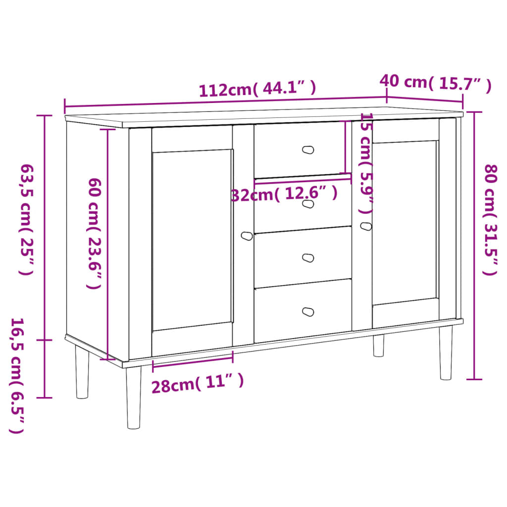 Sideboard SENJA Rattan Look Brown 44.1"x15.7"x31.5" Solid Wood Pine