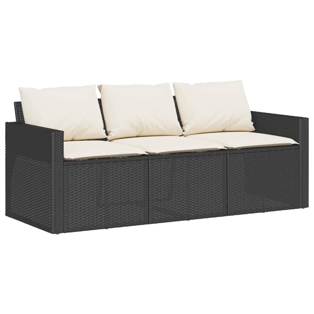 Patio Sofa with Cushions 3-Seater Black Poly Rattan