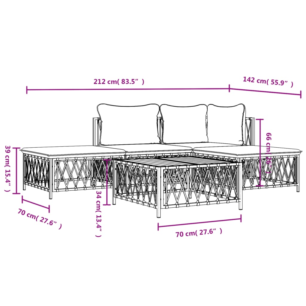 5 Piece Patio Lounge Set with Cushions White Steel