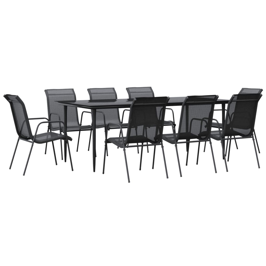 9 Piece Patio Dining Set Black Steel and Textilene