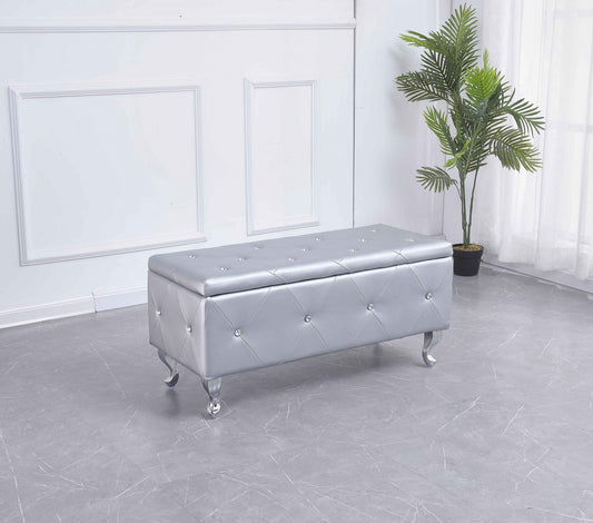 38" Silver Faux Leather Storage Bench With Flip Top