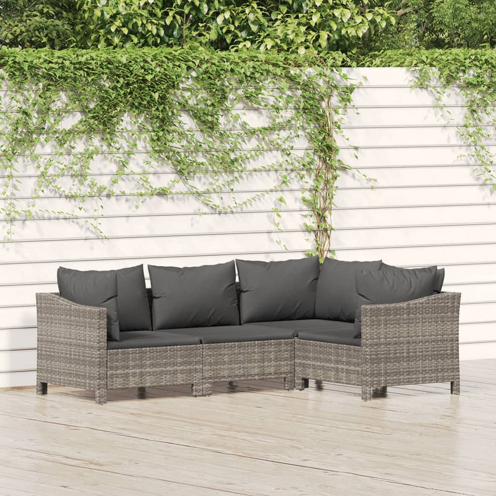 4 Piece Patio Lounge Set with Cushions Gray Poly Rattan