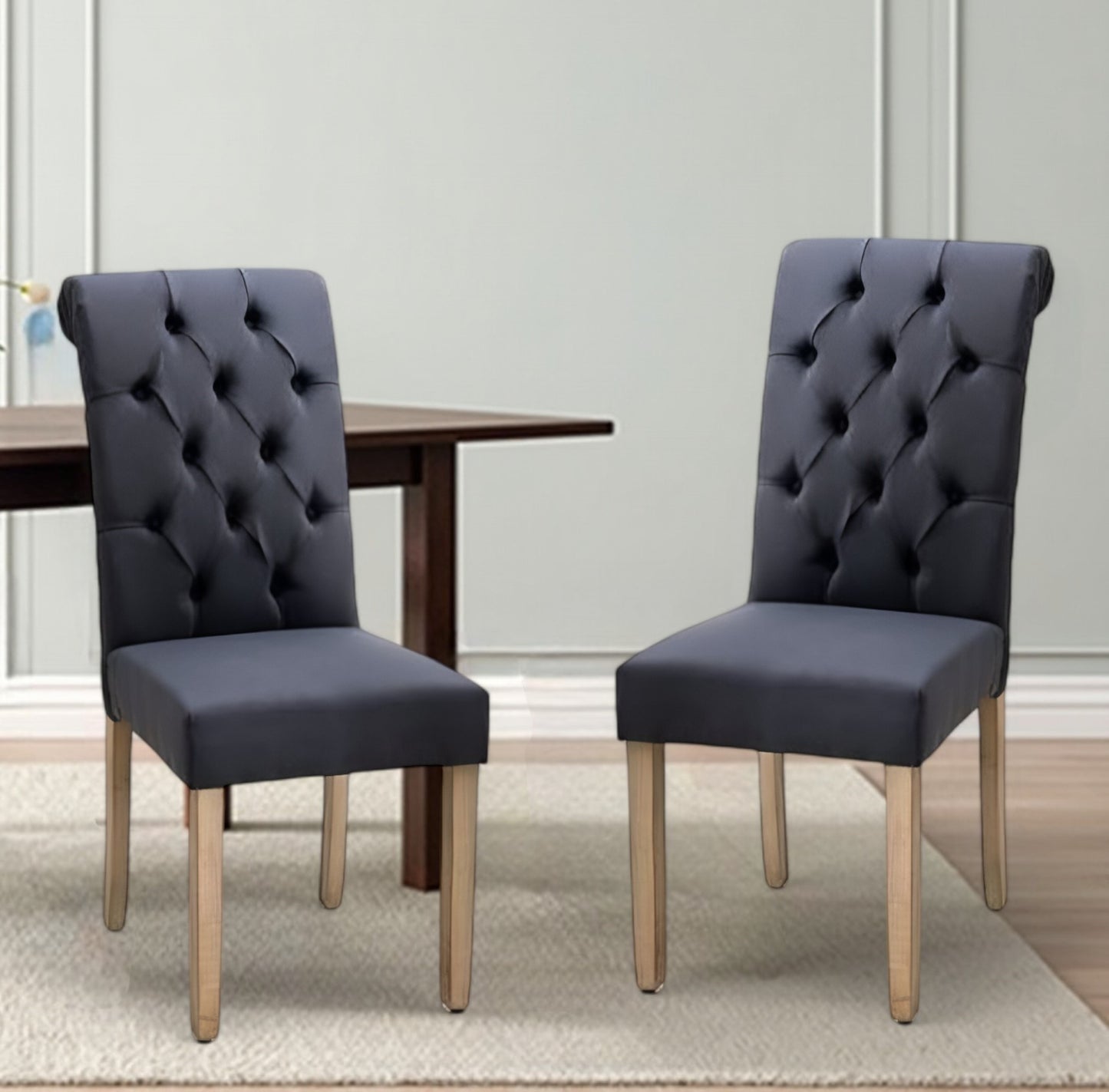 Set of Two Tufted Blue And Brown Upholstered Linen Dining Parsons Chairs