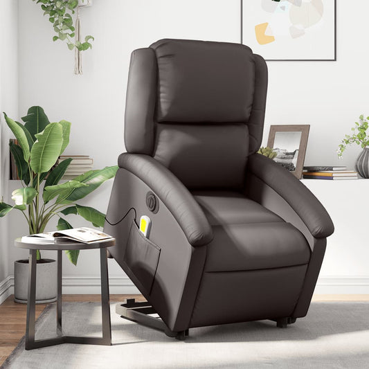 Electric Stand up Massage Recliner Chair Dark Brown Real Leather