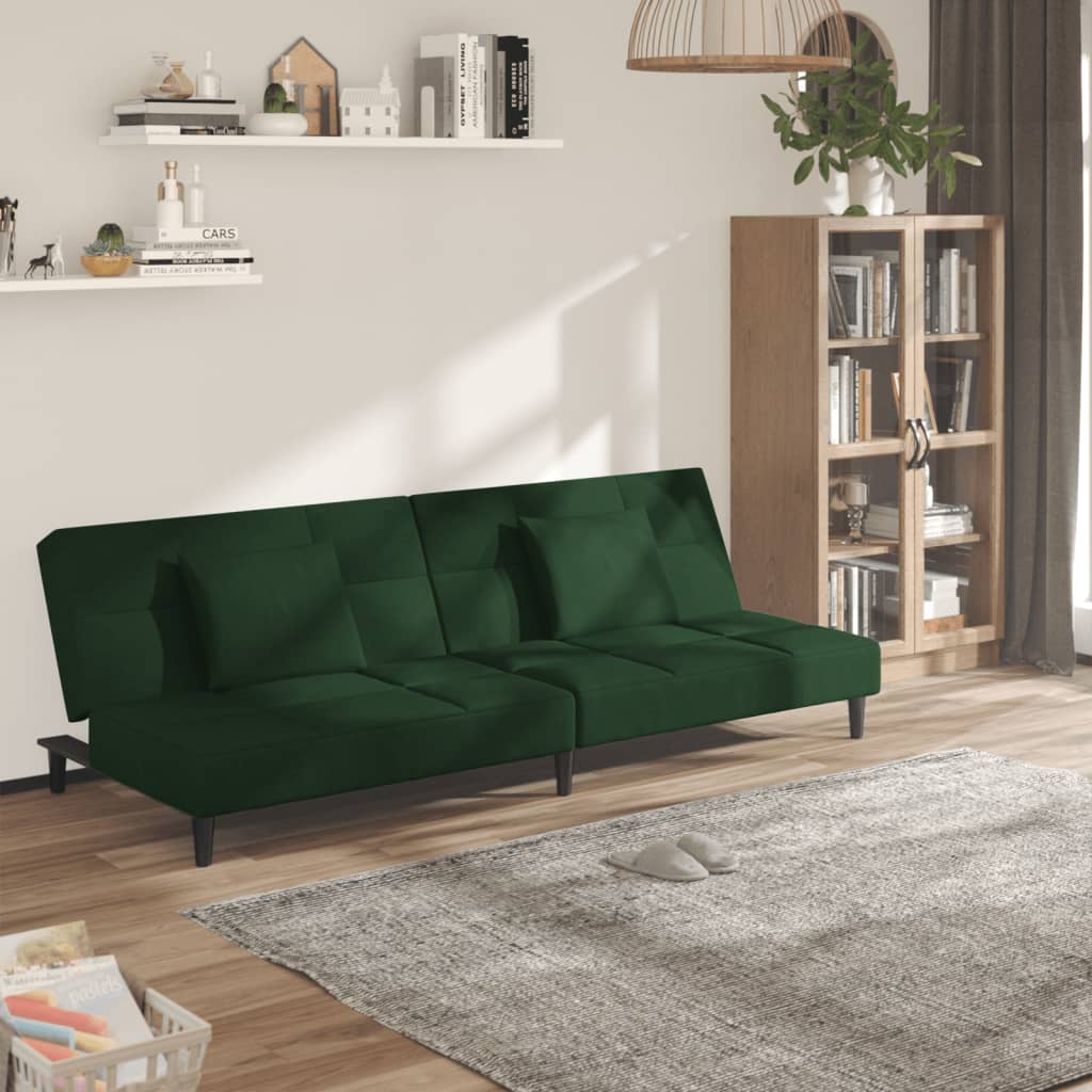 2-Seater Sofa Bed with Two Pillows Dark Green Velvet