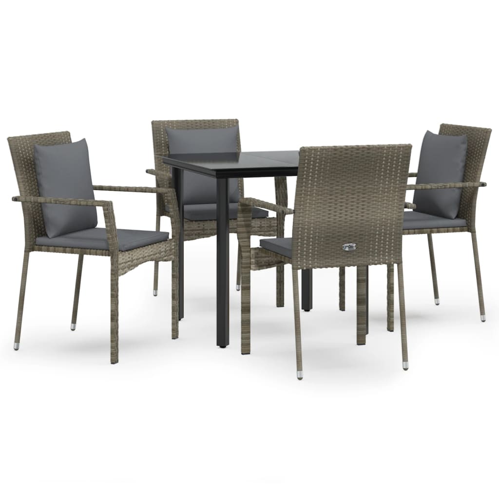 5 Piece Patio Dining Set with Cushions Black and Gray Poly Rattan