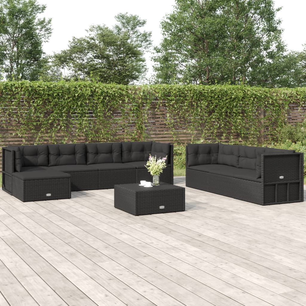 8 Piece Patio Lounge Set with Cushions Black Poly Rattan