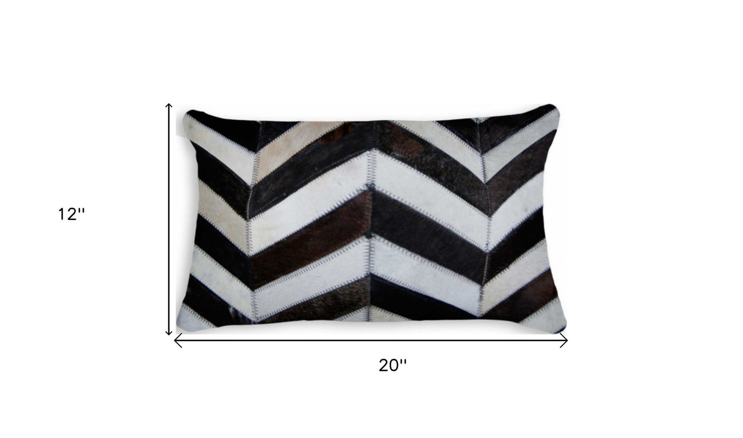 12" X 20" Black and Off White Chevron Cowhide Throw Pillow