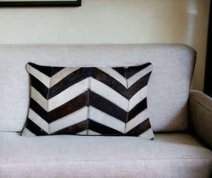 12" X 20" Black and Off White Chevron Cowhide Throw Pillow