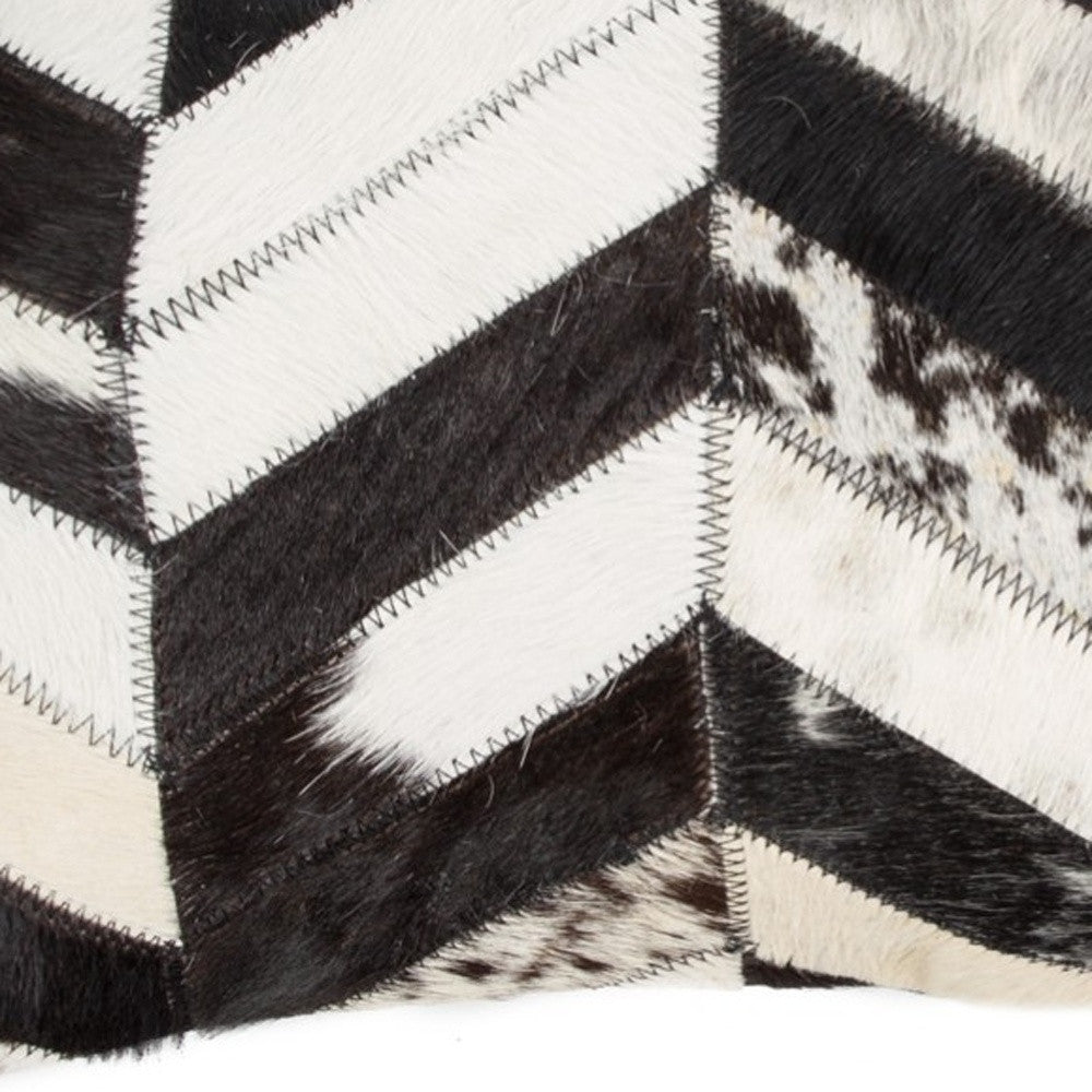 12" X 20" Black and Off White Chevron Cowhide Throw Pillow