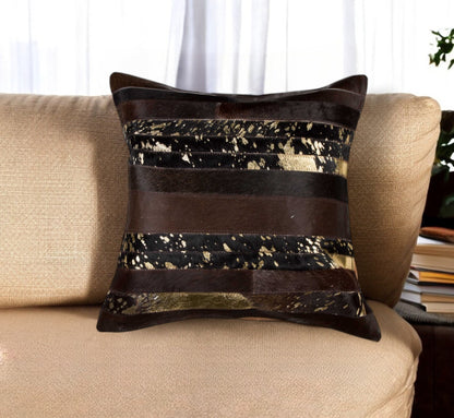 18" Brown and Gold Abstract Cowhide Throw Pillow