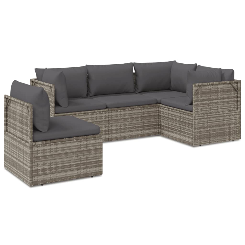 5 Piece Patio Lounge Set with Cushions Gray Poly Rattan