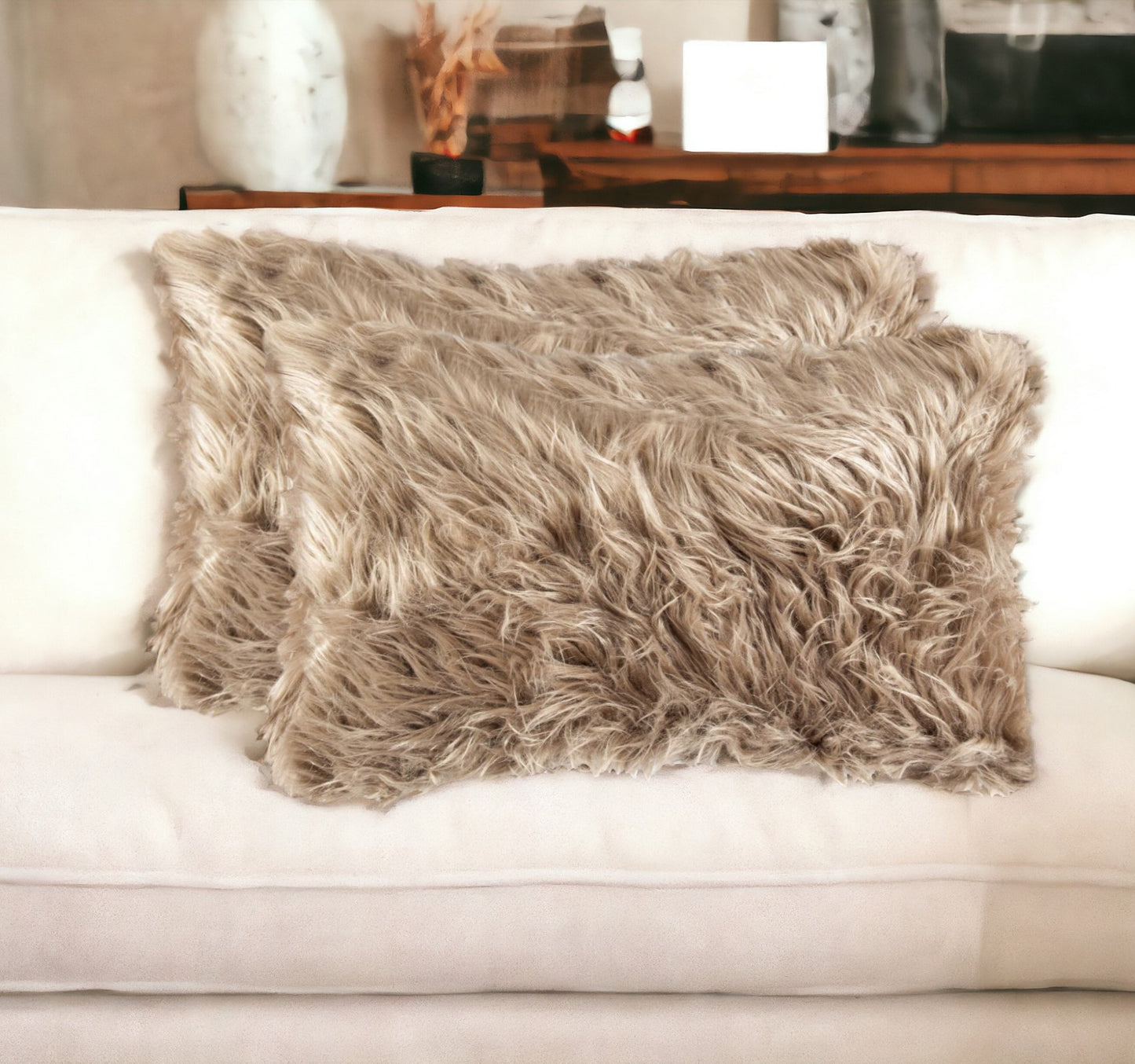 Set of Two 12" X 20" Tan Faux Fur Throw Pillows