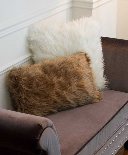 Set of Two 12" X 20" Tan Faux Fur Throw Pillows