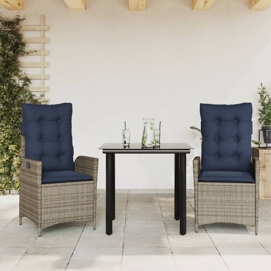 3 Piece Patio Dining Set with Cushions Gray Poly Rattan