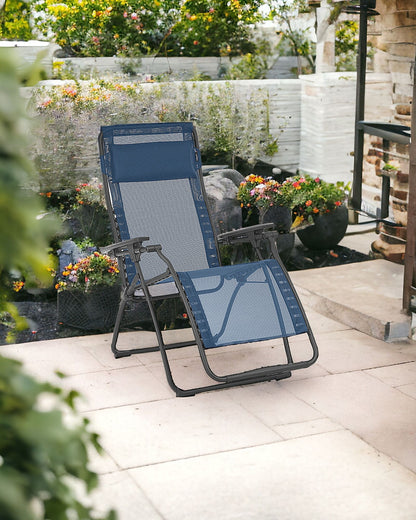 28" Blue Metal Outdoor Zero Gravity Chair with Blue Cushion