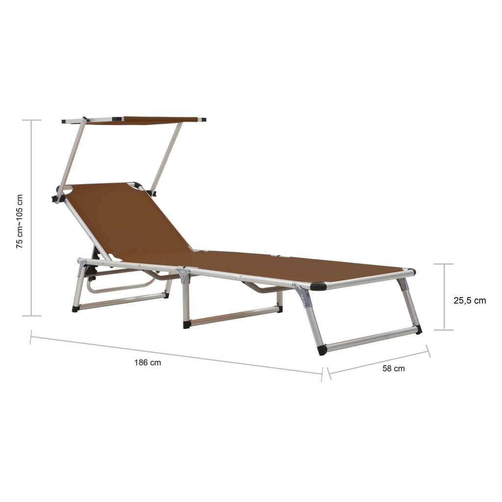 Folding Sun Lounger with Roof Aluminum and Textilene Brown