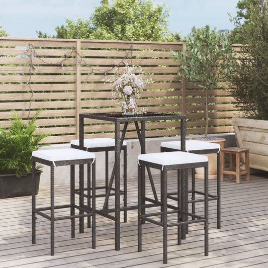 5 Piece Patio Bar Set with Cushions Black Poly Rattan