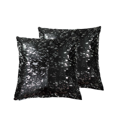 Set of Two 18" Black and Silver Cowhide Throw Pillow