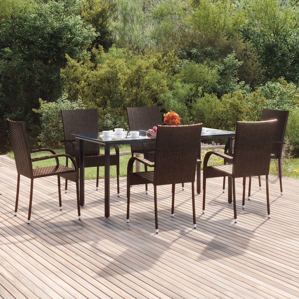 7 Piece Patio Dining Set Brown Poly Rattan