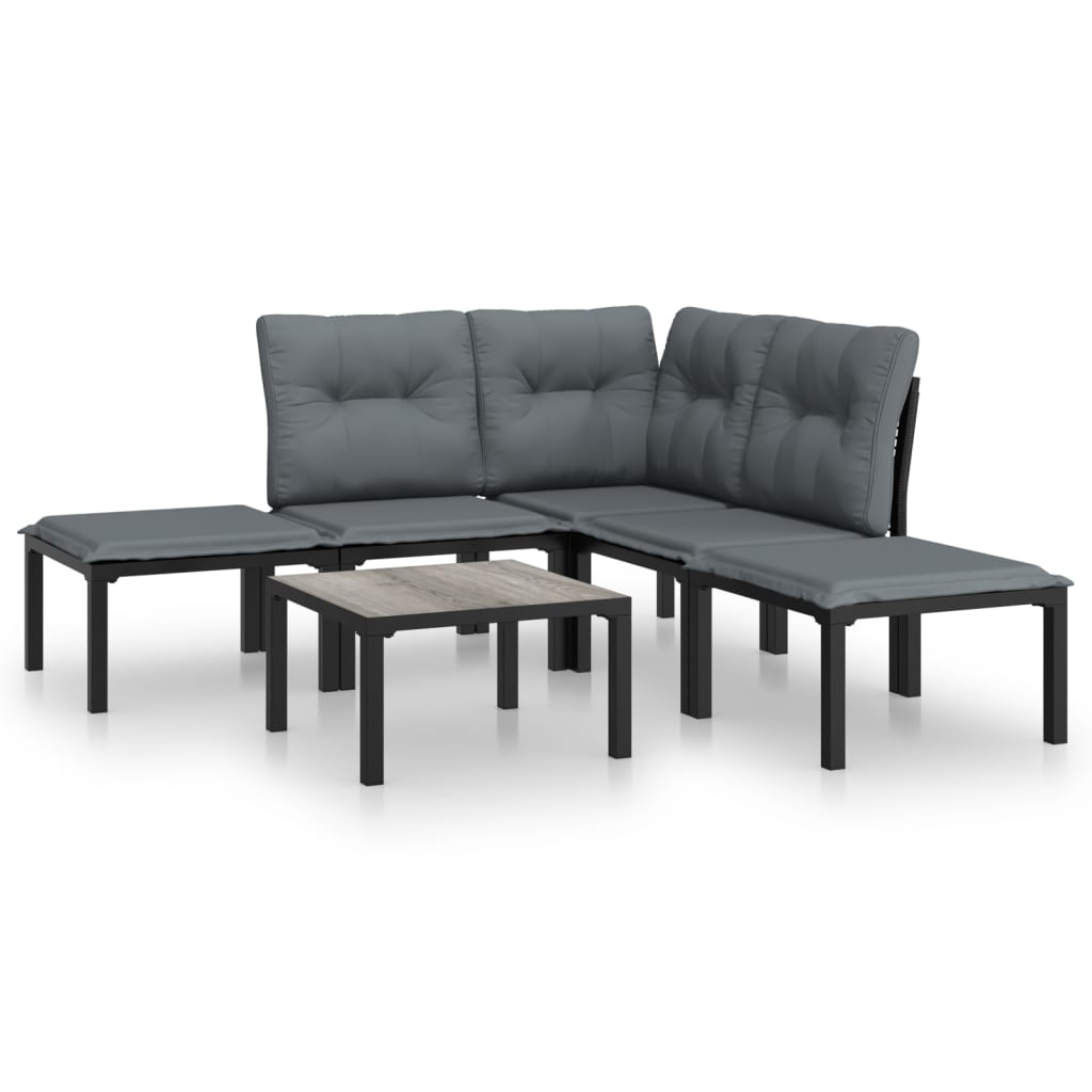 6 Piece Patio Lounge Set Black and Gray Poly Rattan