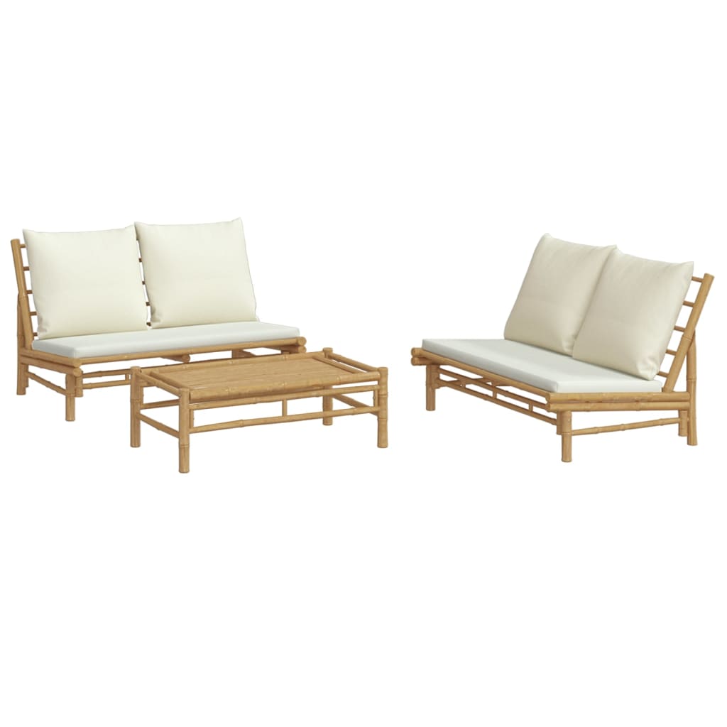 3 Piece Patio Lounge Set with Cream White Cushions Bamboo