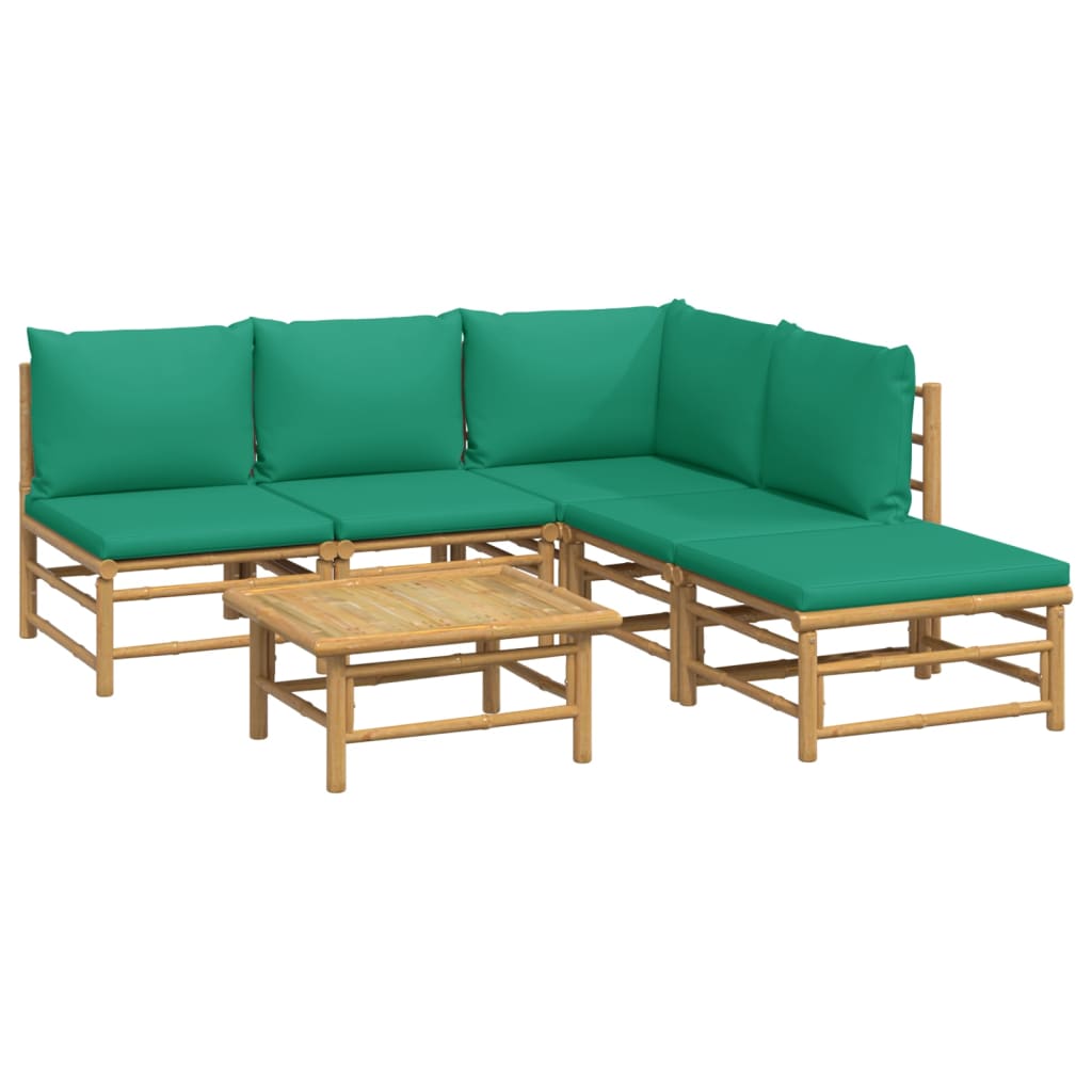 6 Piece Patio Lounge Set with Green Cushions Bamboo