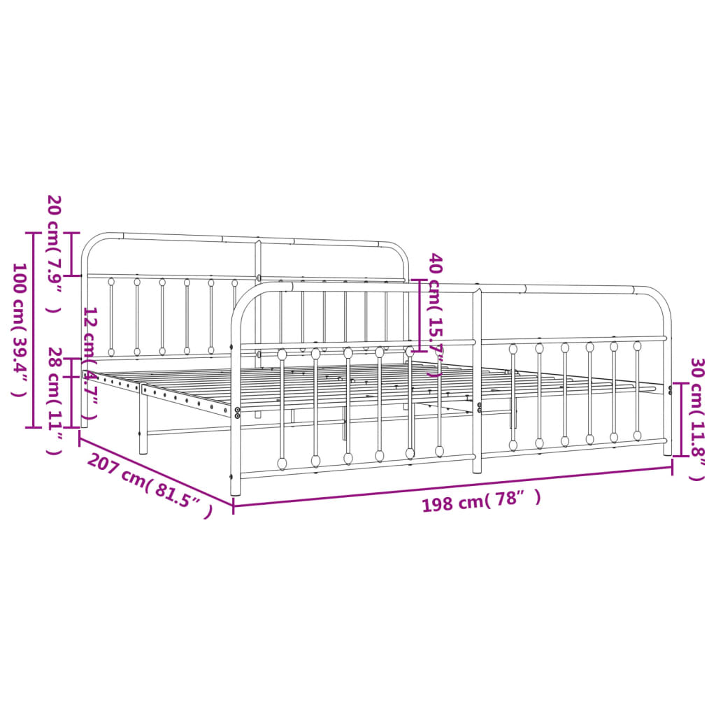 Metal Bed Frame without Mattress with Footboard White 76"x79.9"