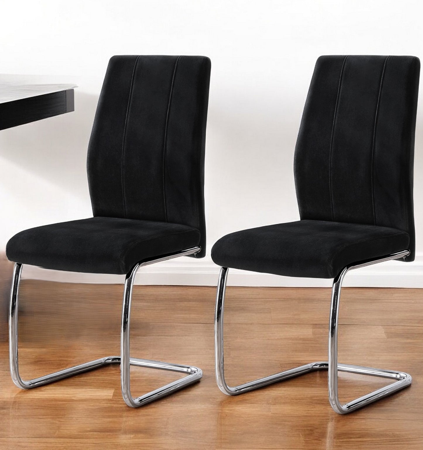 Set of Two Black And Silver Upholstered Velvet Dining Side Chairs