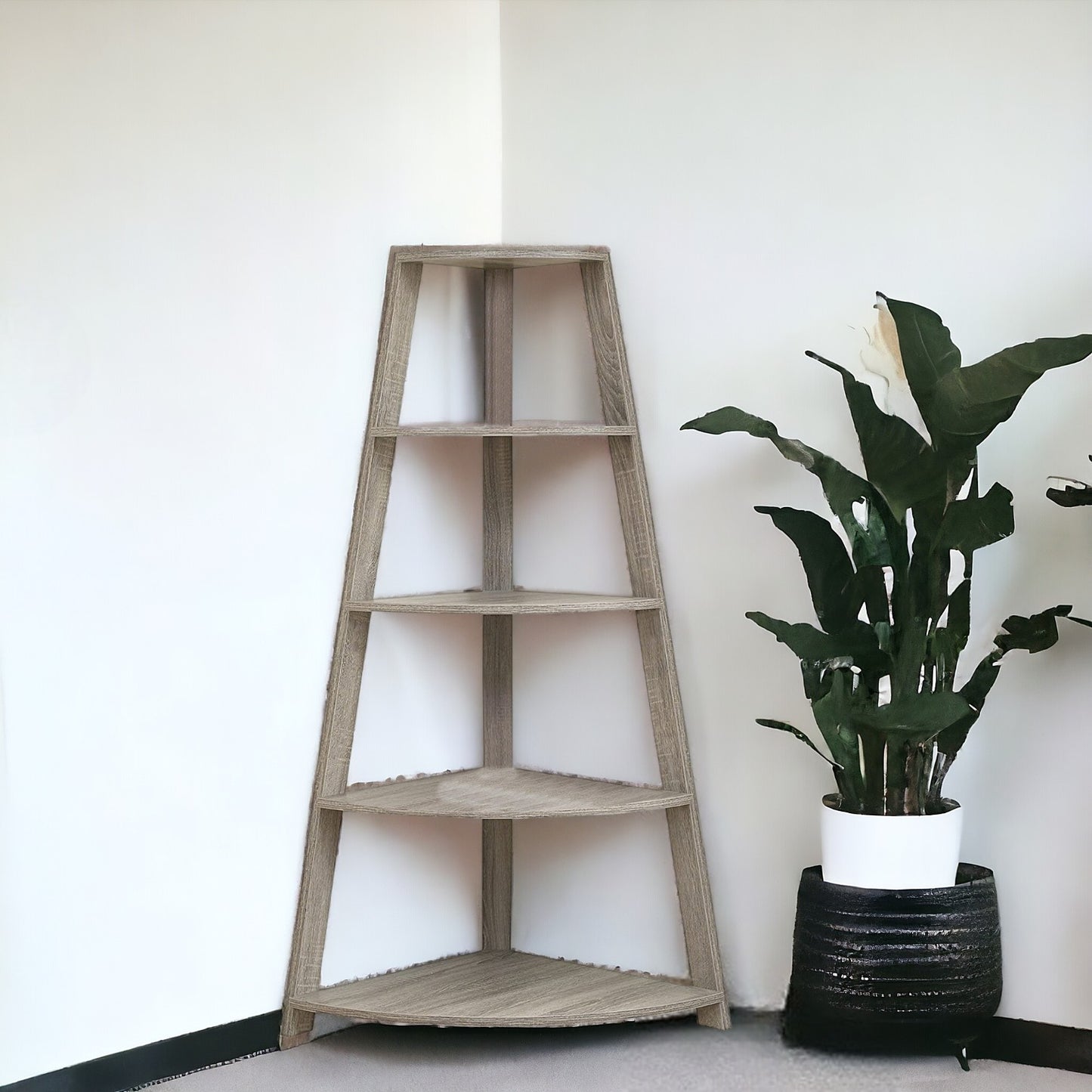 60" Taupe Wood Four Tier Corner Bookcase