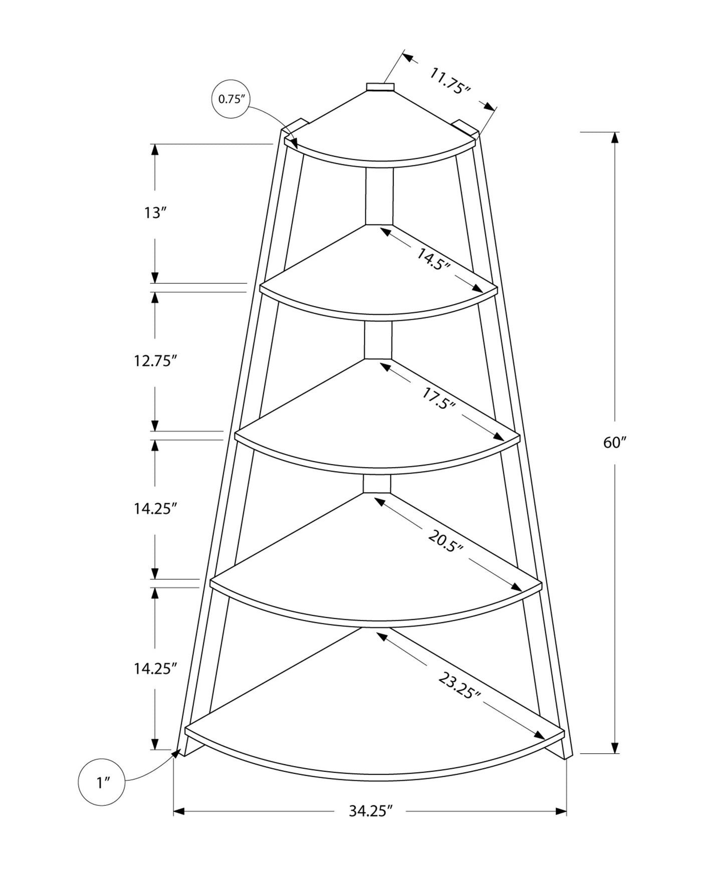 60" White Wood Four Tier Corner Bookcase