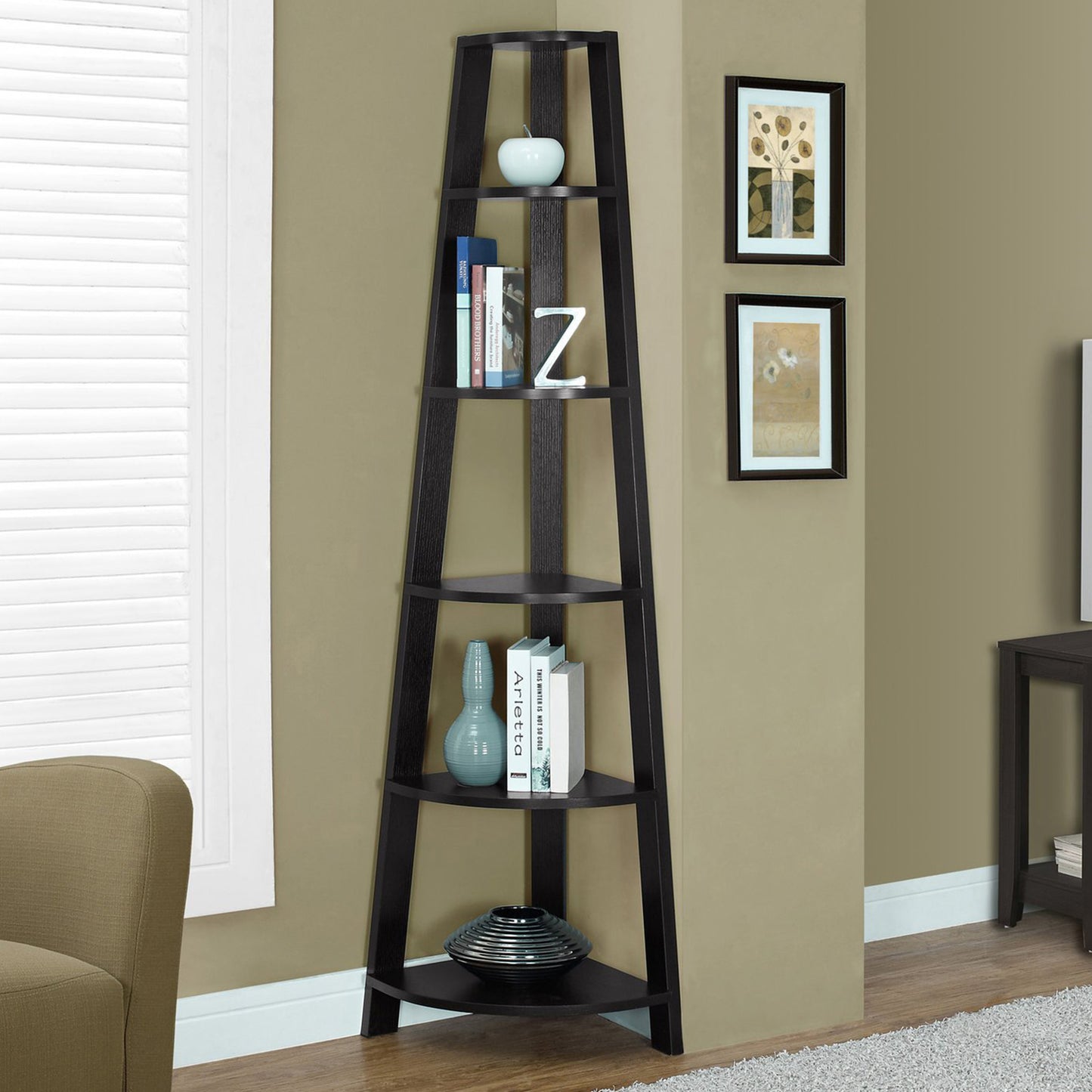 71" Espresso Wood Five Tier Corner Bookcase