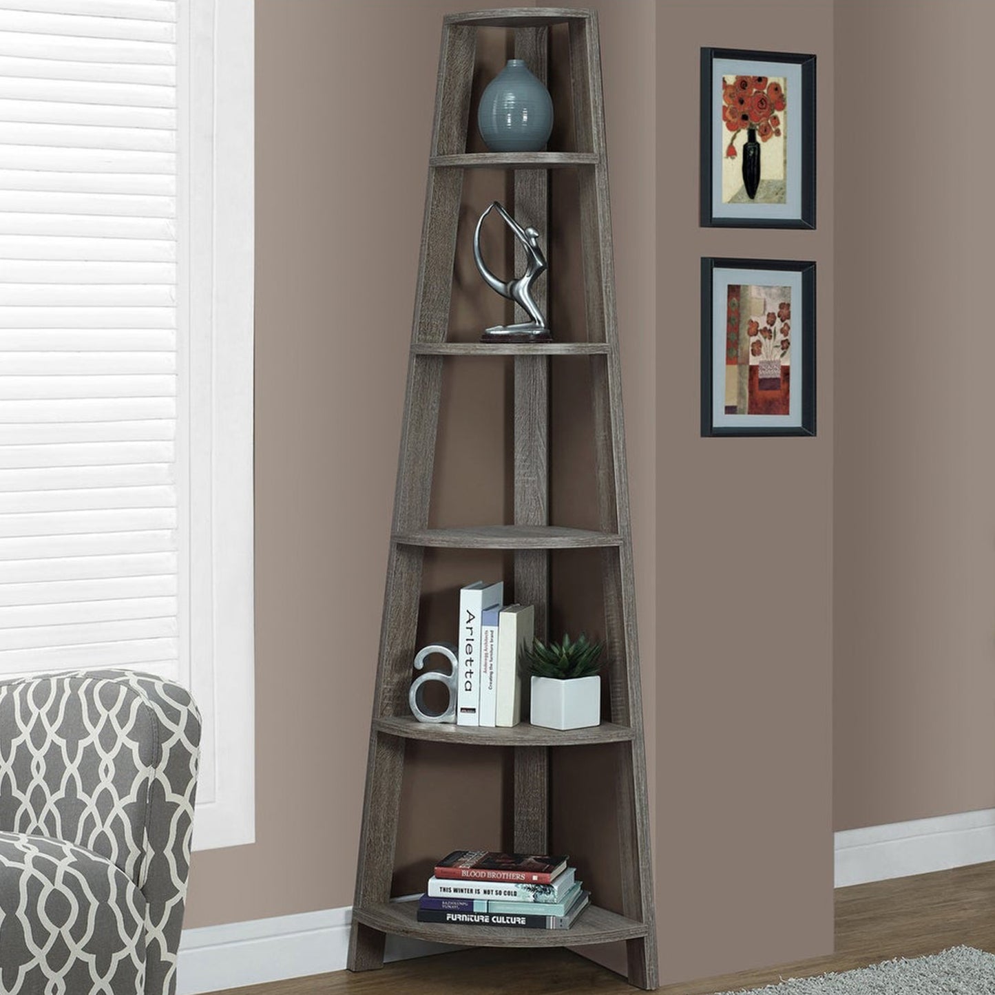 71" Espresso Wood Five Tier Corner Bookcase