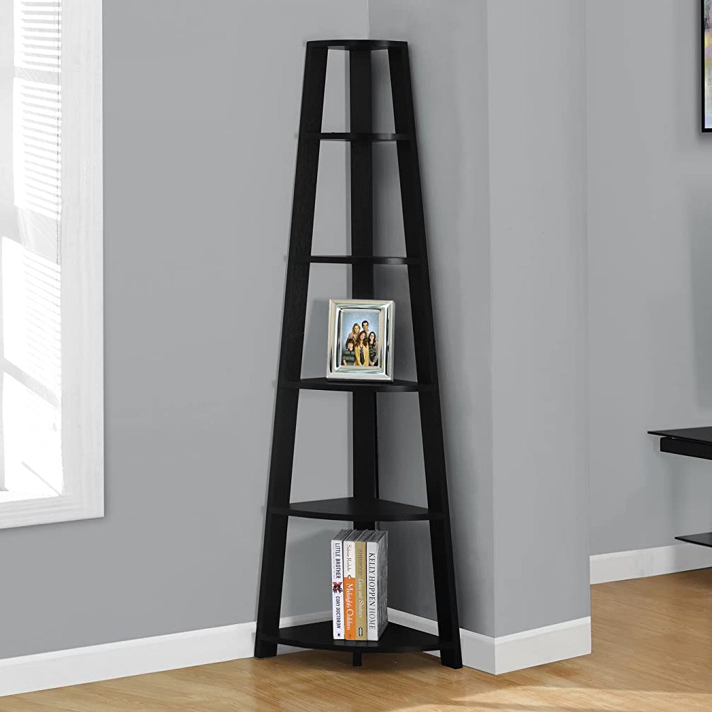 71" Espresso Wood Five Tier Corner Bookcase