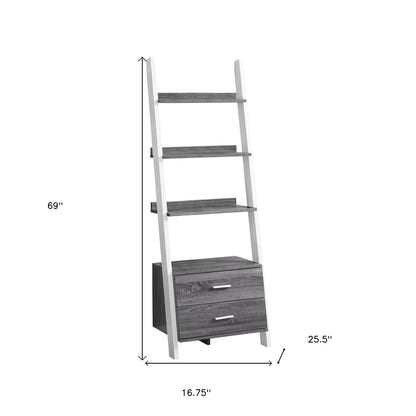 69" Gray and White Wood Ladder Bookcase With Two drawers